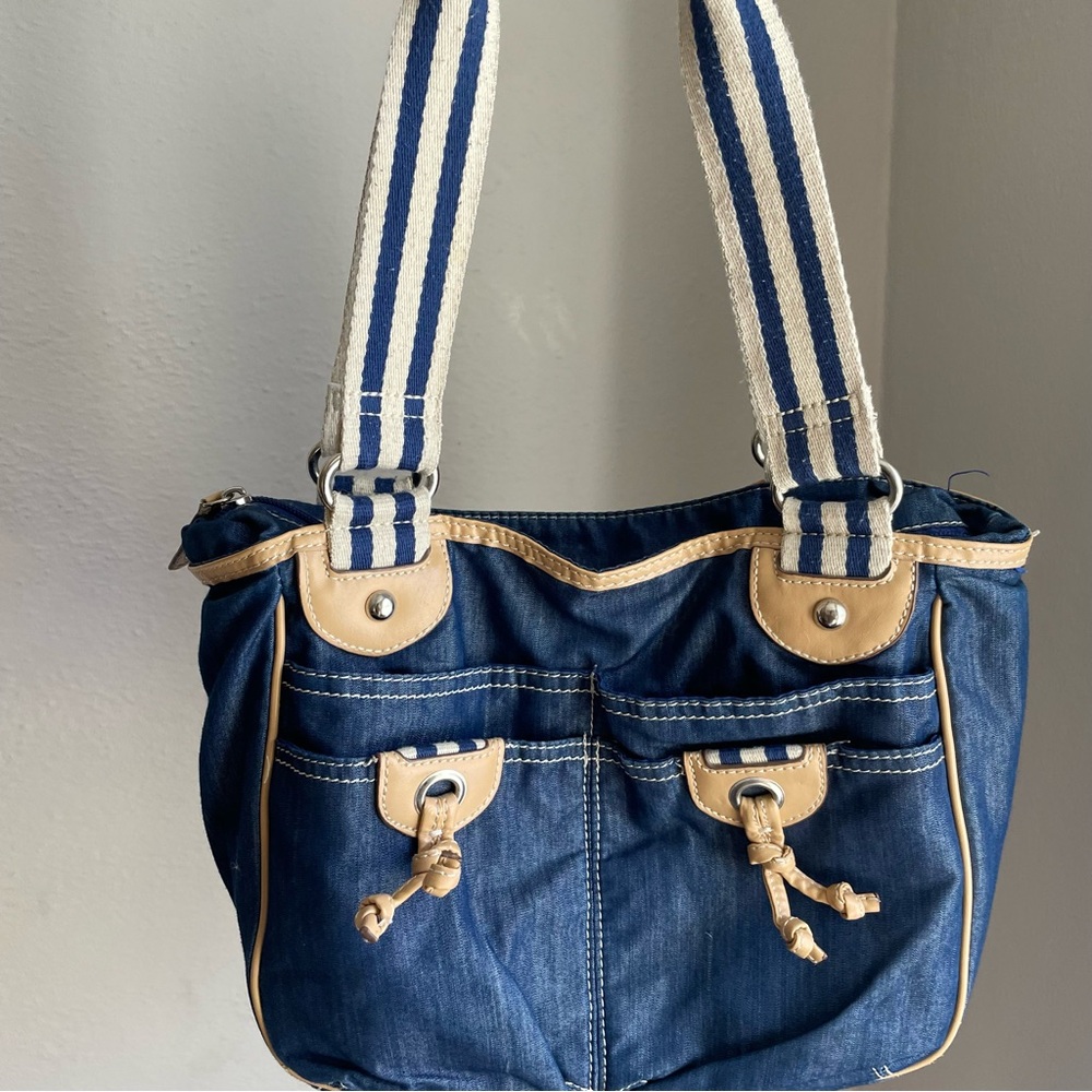 Stylish Denim Shoulder Bag with Striped Straps